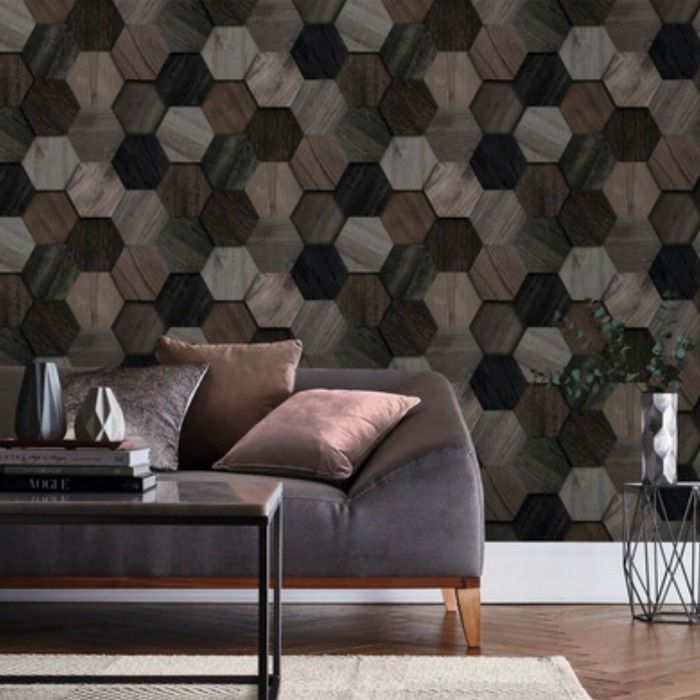 Papier peint intissé Hexagone en Bois 1005 x 52cm Gris