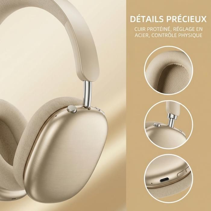 Cuffie wireless - FINGERTIME - Bluetooth 5.4 - Durata della batteria 80 ore - Cancellazione del rumore ANC - Comfort silenzioso - Oro champagne