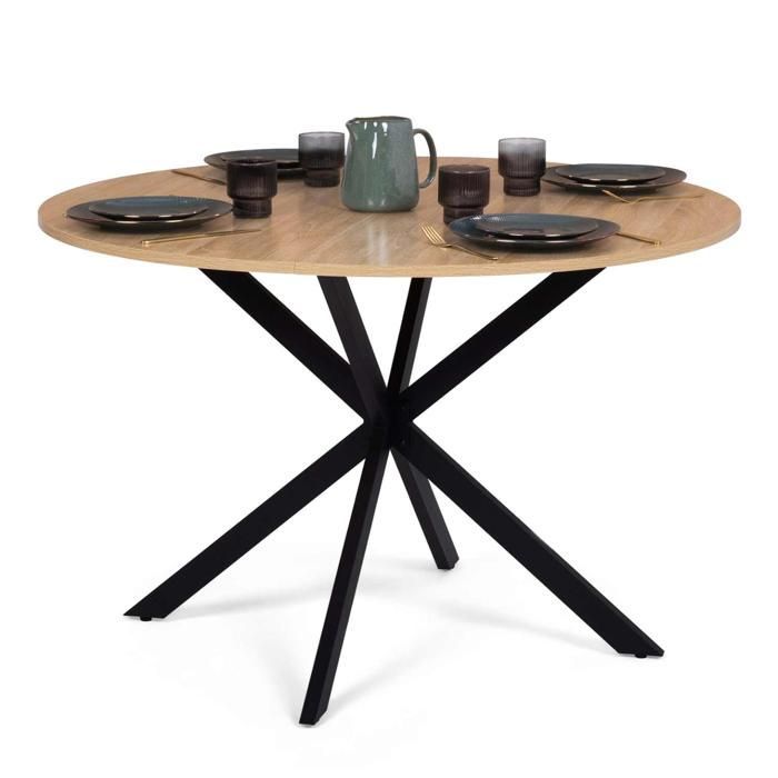 Mesa de comedor redonda fija - IDMARKET - ALIX - Madera y negro - 6 personas - 110 cm