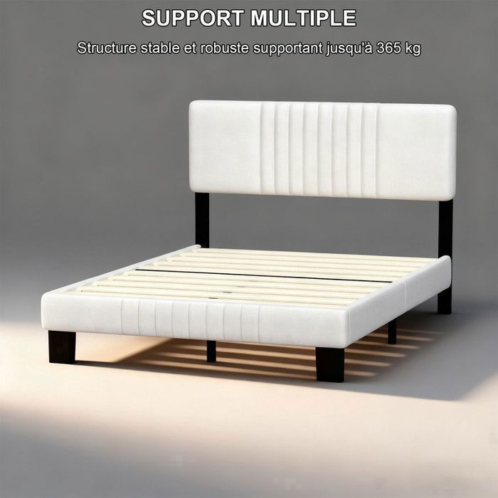 Estructura de cama doble ajustable de 140x190 cm, cabecero Ren Linen, soporte doble de metal y madera, color beige.