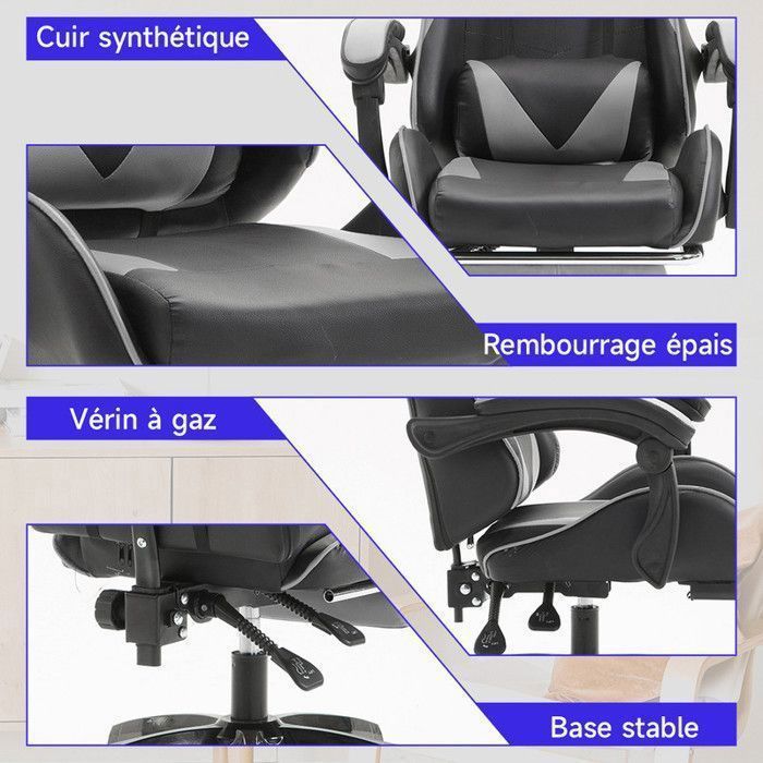 Chaise Gaming Ergonomique Noir et Gris, Support Lombaire, Repose-pieds, Oreilles de Chat, Coussin Tête, Inclinaison Réglable
