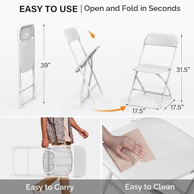 Lot de 6 chaises pliantes en plastique blanc, sièges commerciaux empilables portables intérieurs et extérieurs avec cadre en acier