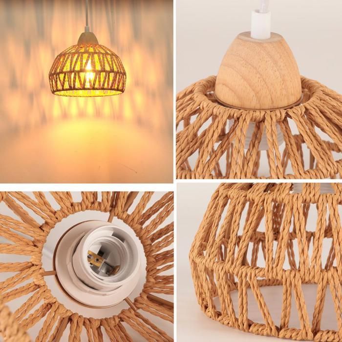 iDEGU Lampe Suspension Vintage Industriel Lustre en Bois Rotin Brun E27 Luminaire Eclairage Design Cage Rétro pour Salon Chambre