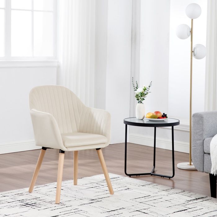 WOLTU Chaise de Salle à Manger en Velours Surface Pieds en Bois Massif,Chaise de Relax Chaise de Salon,Crème Blanc