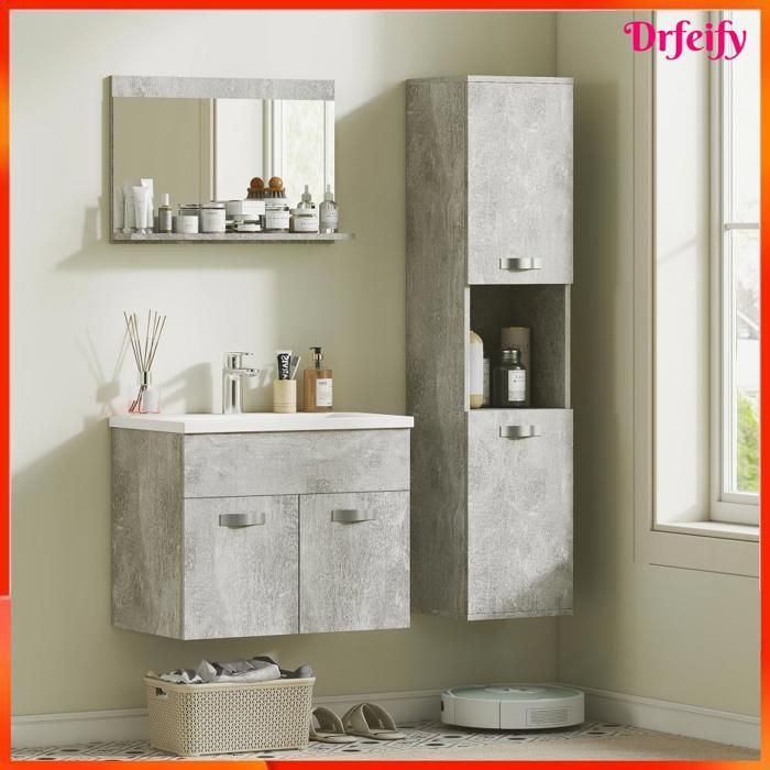 Ensemble de meubles de salle de bain - AKOZON - 8643 - 4 pièces - Gris - Suspendu - Vasque céramique