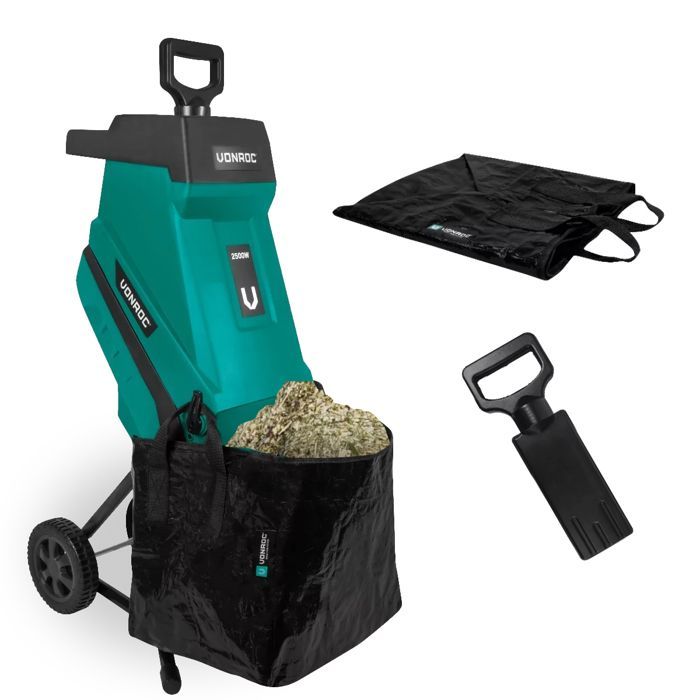 Trituradora de jardín de 2500 W – Para ramas de hasta Ø45 mm – Incluye contenedor de recogida de 45 L y empujador.