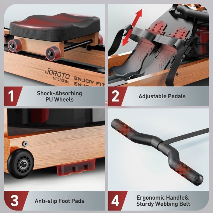Rameur à eau pliable - JOROTO - MR280PROB - Chêne massif FSC - 6 niveaux résistance eau - Bluetooth Kinomap