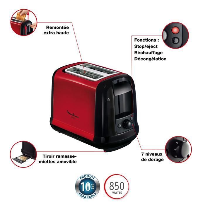 MOULINEX Subito 2-Scheiben-Toaster, rot, 7 Einstellungen, LT260D11