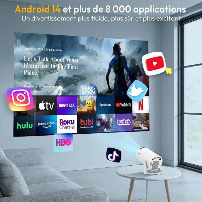 Mini Vidéoprojecteur, Support 4K 1080P Android14 Projecteur vidéo WiFi Bluetooth5, 12000 Lumens Retroprojecteur Auto Keystoneavec
