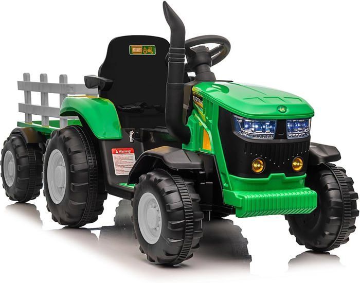 Tractor eléctrico de 12 V para niños con remolque desmontable y dos motores de 35 W - BALOVEBY - Verde - A partir de 18 meses - 30 kg