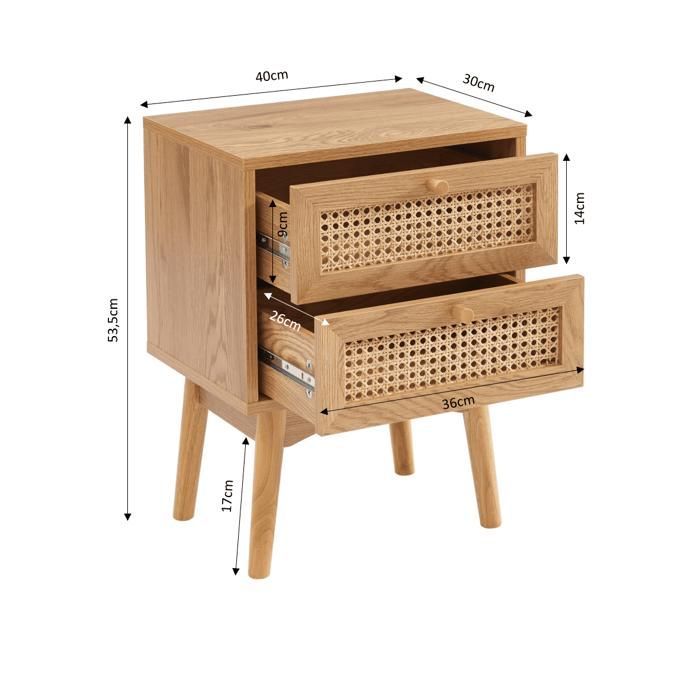 Table de chevet INES effet chêne et cannage rotin 2 tiroirs - Bois