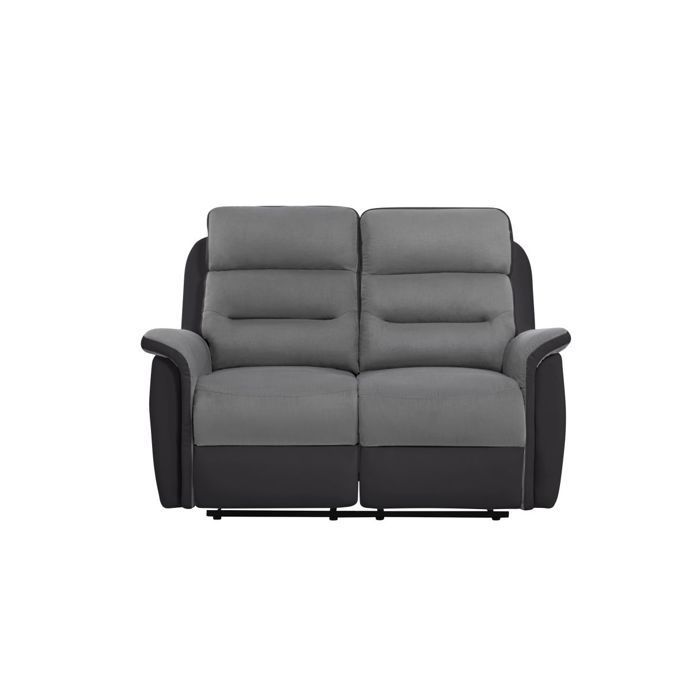 Sofá reclinable de 2 plazas LOUNGITUDE LÉON + sillón manual en microfibra y piel sintética, gris/negro.