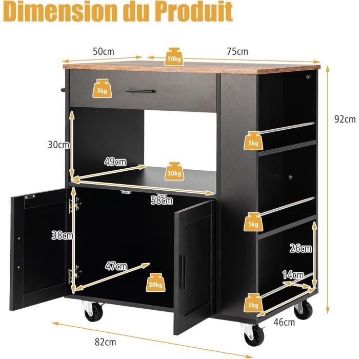 GIANTEX Kitchen Trolley on Wheels, Island Serving Cart 82x50x92cm with Drawer, Cabinet with Door and 3 Side Shelves, Black