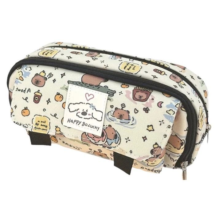 Estuche escolar con diseño de capibara, color beige, 19x7x10cm, multifuncional.