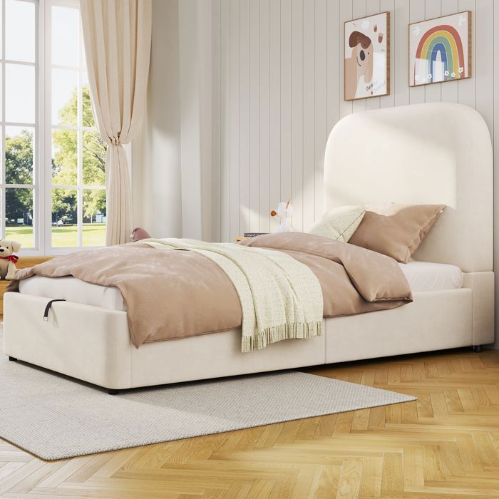 Lit Coffre - Becag - Lit enfant rembourré 90x200cm avec tête de lit, Lit simple capitonné avec rangement hydraulique, Velours Beige