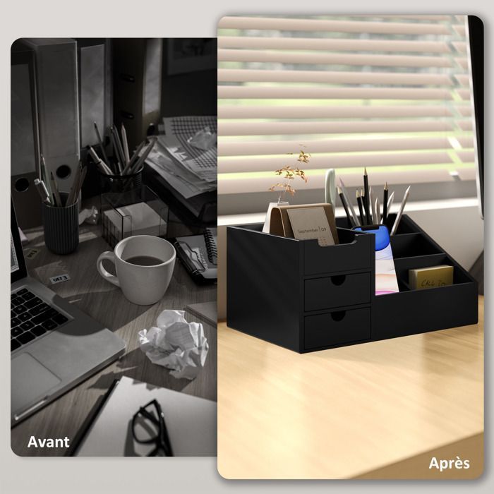 Organizador de escritorio - HOMCOM - Caja de almacenamiento de 7 compartimentos con 2 cajones - Bambú - Negro