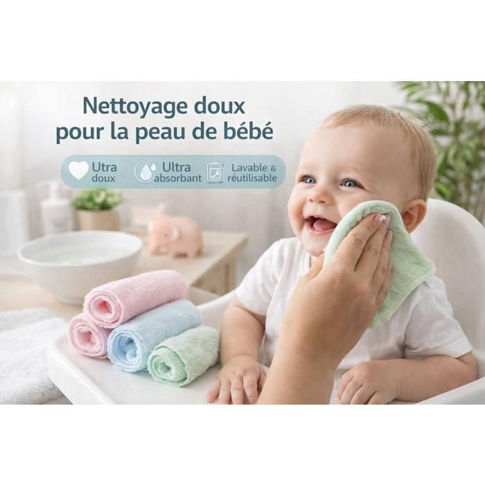 Lot de 6 Débarbouillettes Bébé Lavables et Réutilisables – Lingettes Ultra Douces Coton & Polyester – Peaux Sensibles