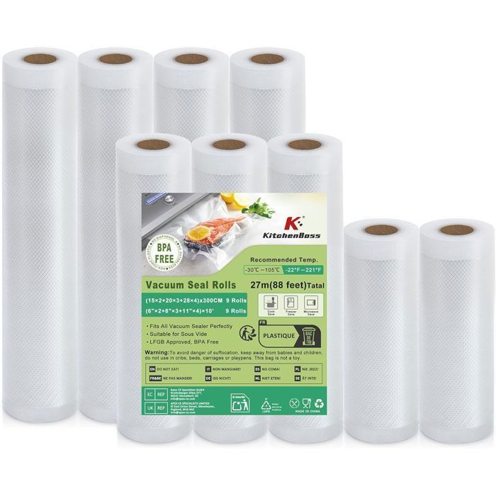 KitchenBoss vacuümzakken voor voedsel, 9 rollen vacuümfolie voor voedsel, 15/20/28x300 cm vacuümrol voor voedsel