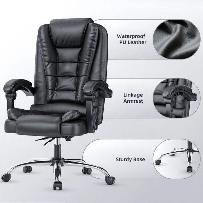 Silla de oficina BIGZZIA, sillón con asiento ancho acolchado, asiento ergonómico de cuero, altura ajustable 10 cm, color negro.