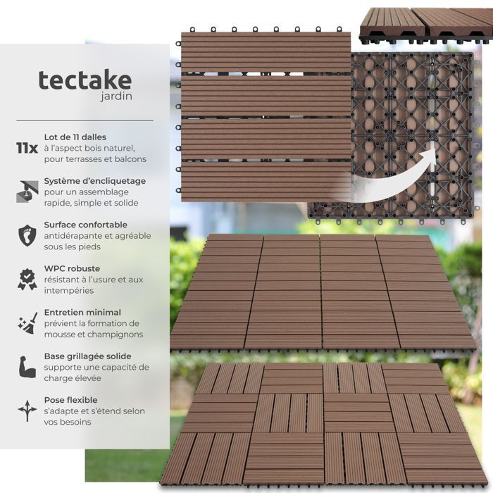 Baldosas para terraza - TECTAKE - Juego de 11 baldosas para terraza TEGULAS en WPC con aspecto de madera - Marrón