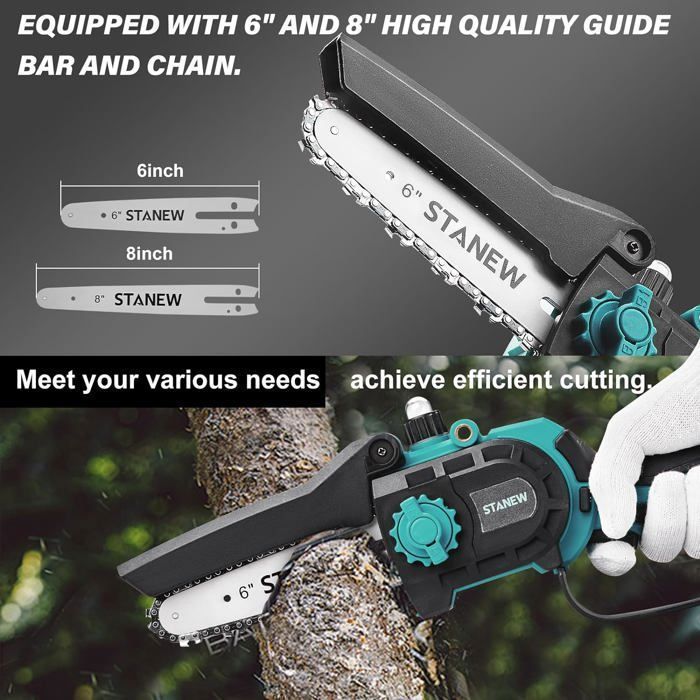 STANEW 6 ou 8 pouces brushless 600W Mini tronçonneuse à batterie, 2 Batteries 2Ah moteur sans balais