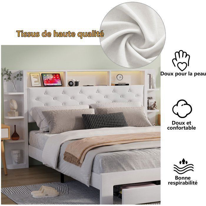 Complete slaapkamerinrichting voor volwassenen, bestaande uit een bedframe van 160x200 cm, een tweepersoonsbed, een opbergbed van 160x200 cm, een LED-bed van 160x200 cm, een USB-poort, opbergruimte, LED-verlichting, 2 lades, fluweel en wit.