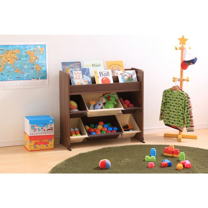 Iris Ohyama, Etagère pour jouets, Meuble, Bibliothèque pour enfant, 6 coffres -ETHR-26-Marron, L34.7 x P86.3 x H79.8 cm