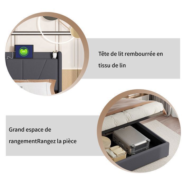Cama doble con almacenamiento de 160 x 200 cm en lino gris, cama para adultos con puertos USB y Tipo-C, almacenamiento hidráulico, base de láminas.