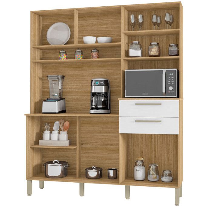 Kitchen Buffet with 6 Doors and 2 Drawers, Oak and White, W 160.7 x H 196 x D 38.8 cm