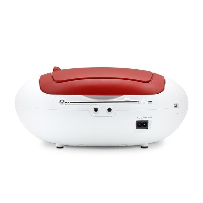 Cherry draagbare cd-speler, CD-R/CD-RW/CD-MP3-weergave, FM-radio, USB-poort, 6W stereogeluid, handvat - werkt op netstroom of batterijen.