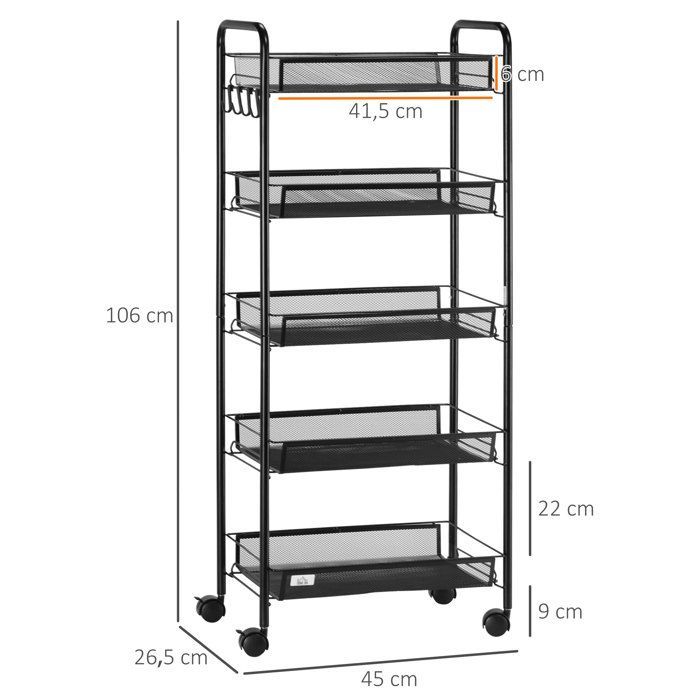 Carro de almacenamiento - HOMCOM - 5 niveles, carrito de servicio con ruedas, cestas extraíbles, 4 ganchos - acero - 45x26,5x106cm - negro