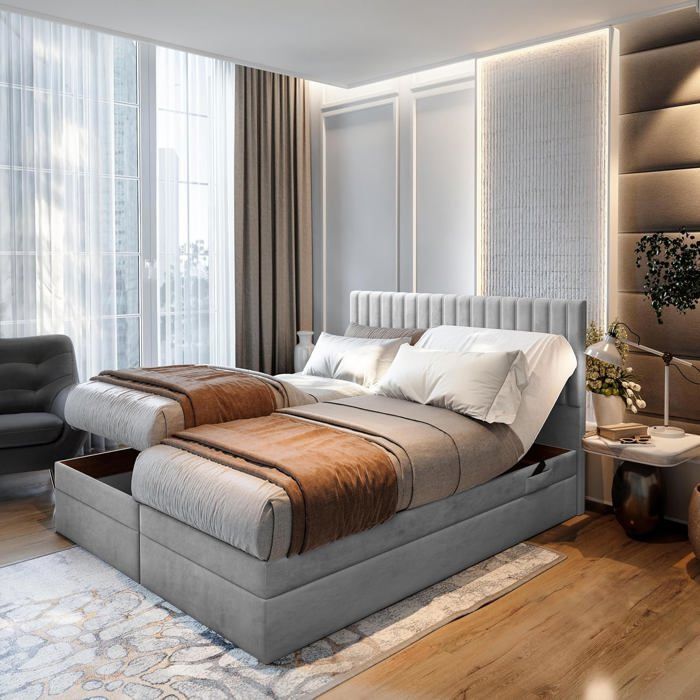 Lit adulte ADÈLE - ensemble matelas+sommier relaxation électrique - 140x200 cm - velours gris clair