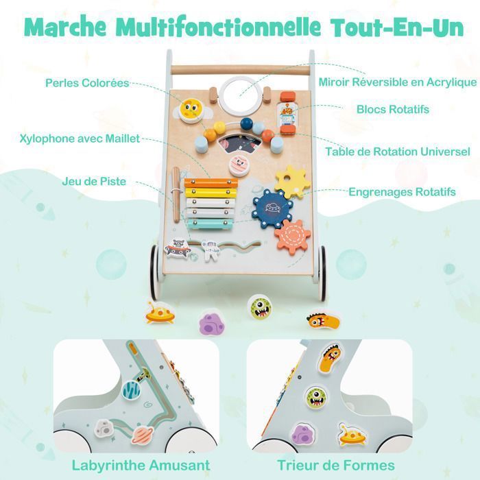 DREAMADE Wooden Baby Walker, Montessori Baby Walker with Mirror & Storage Space & Educational Toy, Light Green
