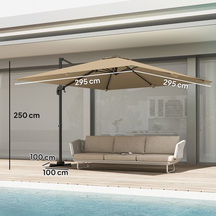 Parasol déporté - Outsunny - rotation 360°, inclinable 5 positions, base en croix - mât en aluminium - polyester - 3 x 3 m - kaki