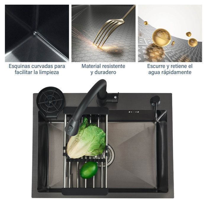Fregadero de cocina de acero inoxidable negro mate de 60x45 cm. Kit completo con grifo extraíble, lavavasos integrado y dispensador de jabón.