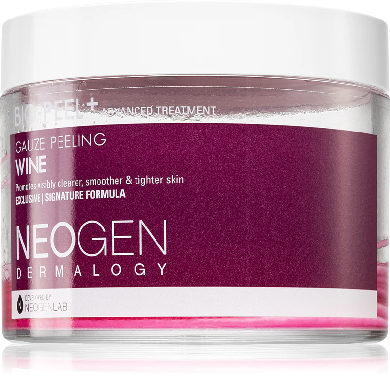 Discos esfoliantes faciais Neogen Dermalogy Bio-Peel+ com gaze e vinho para suavizar a pele e minimizar os poros.