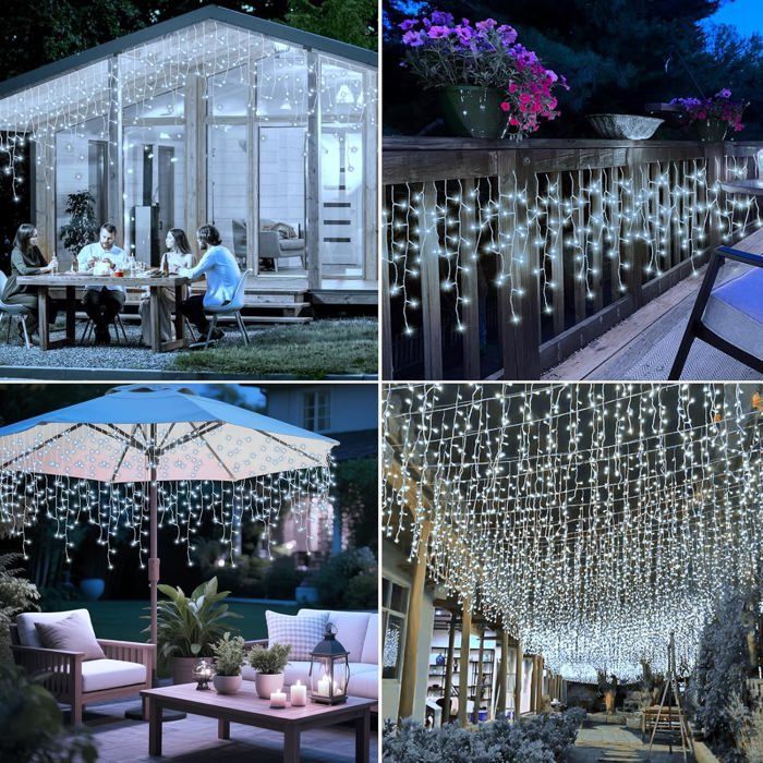 Guirnalda de luces solares para exteriores, 9+2 m, 162 LED, luces tipo cortina para exteriores con 8 modos y temporizador, resistente al agua IP65, decoración navideña.
