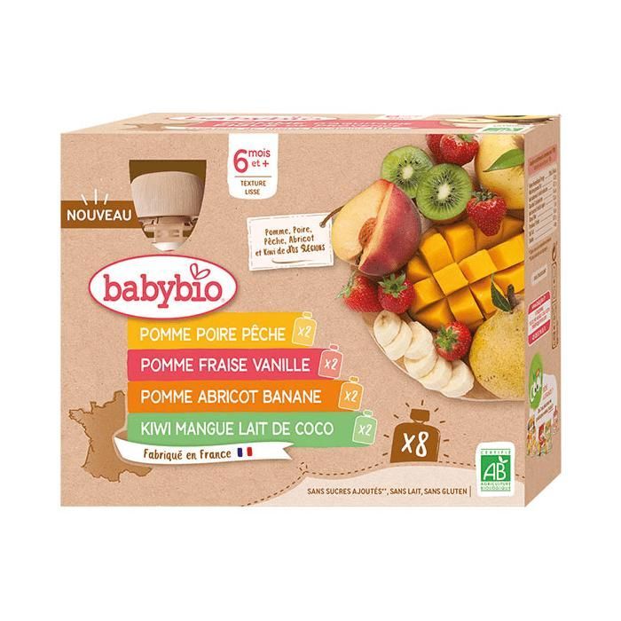 Bolsitas Babybio orgánicas de frutas con múltiples sabores, 8 x 90 g