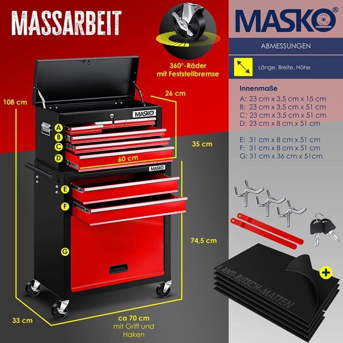 Carro de taller MASKO® | Carro de herramientas con 9 cajones con cerradura y candado, rojo