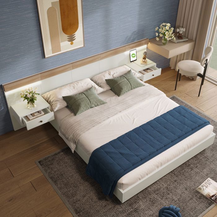 Cama doble MODFU, cama para adultos de 160x200 cm con 2 mesitas de noche LED e interfaz USB-C, madera, blanco y roble, colchón no incluido.