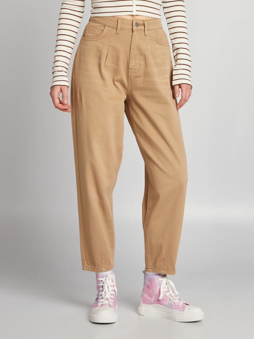 Calça jeans folgada de cintura alta - BEGE