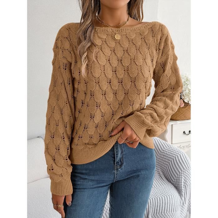 Pull En Tricot Femme Col Bateau Épaules Dénudées Casual Pullover Lâche Ajouré Manches Longues Couleur Unie - Kaki