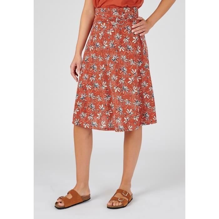 Damart - Rok met riem en gesp - Bloemenprint in oranje