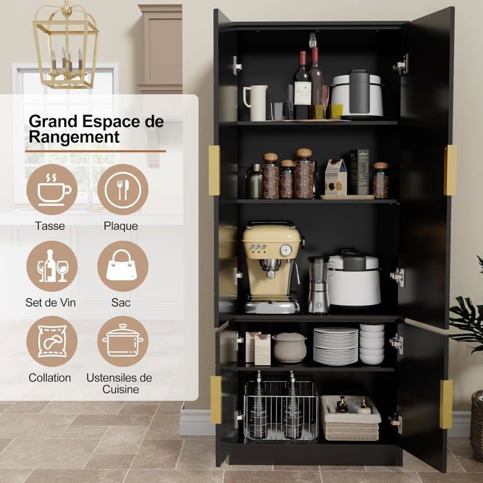 GOOBUY Buffet Haute de Cuisine, Armoire Rangement à 4 Portes, Meuble de Rangement, Motif Ligne, Style Scandinave, 60x30x150cm, Noir