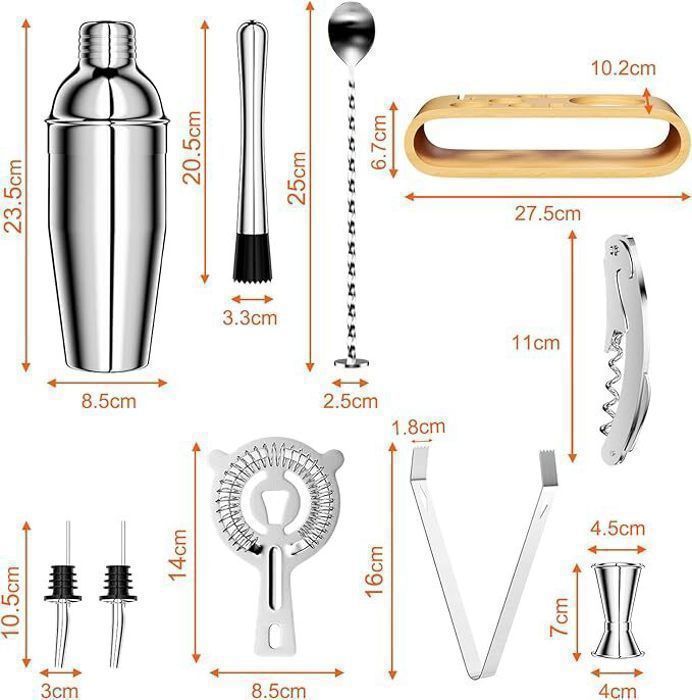 Cocktail shaker - Set of 10 - Stainless steel - 750ml - Wooden stand