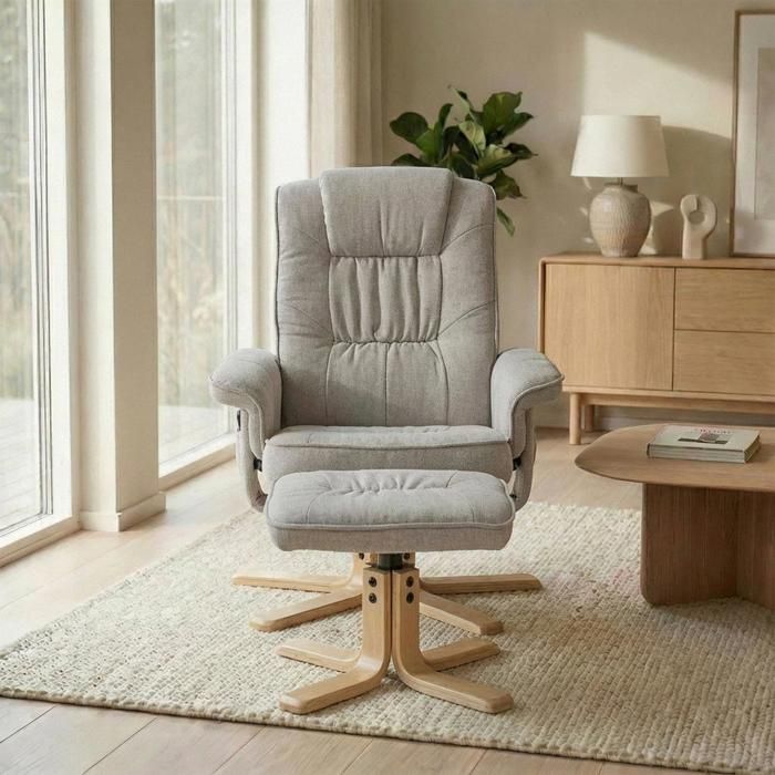 CHARLY relaxfauteuil met voetensteun, ottoman, draaibare zitting, verstelbare rugleuning en gewatteerde zitting, in grijze stof.