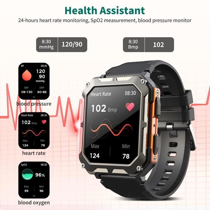 Montre intelligente militaire pour hommes avec appel, tracker d'activité, IP68 (noir)