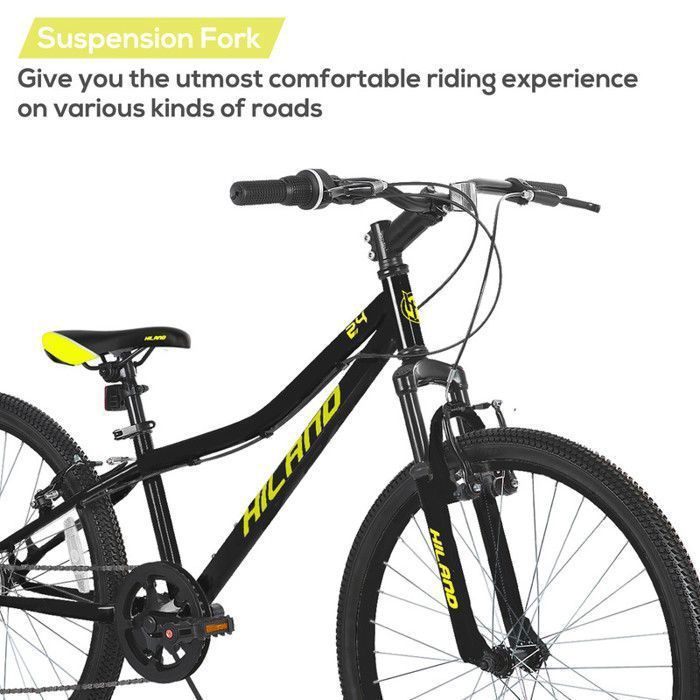 Hiland Vélo enfant 24 pouces, dérailleur Shimano 7 vitesses, VTT unisexe, fourche suspendue, freins V-Brake - Noir