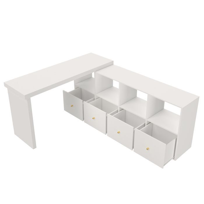 MERAX Bureau d’Angle Pivotant 360° avec Rangement, Bureau Modulable Blanc avec 4 Tiroirs et 4 Étagères