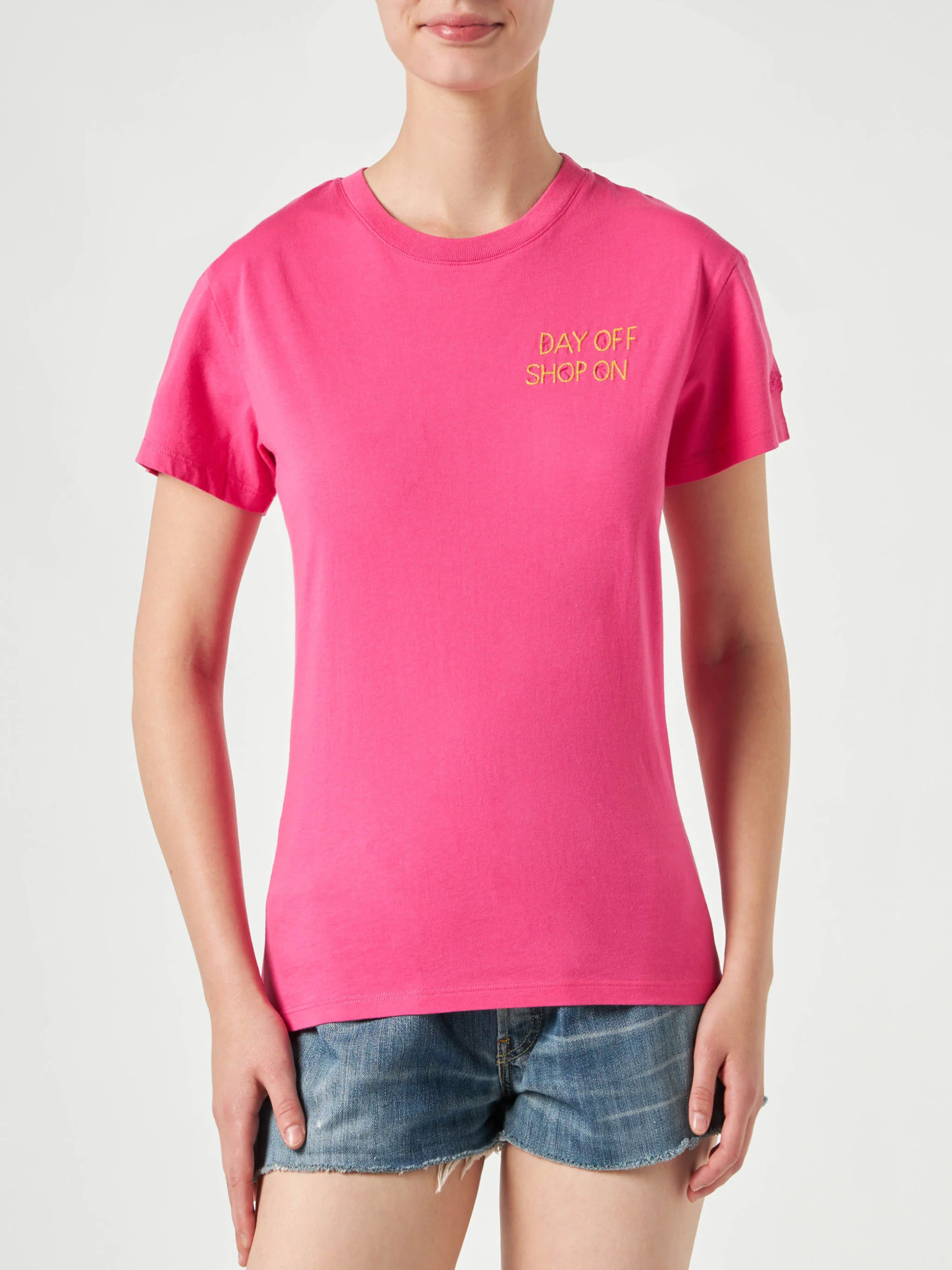T-shirt en coton fuchsia pour femme avec broderie